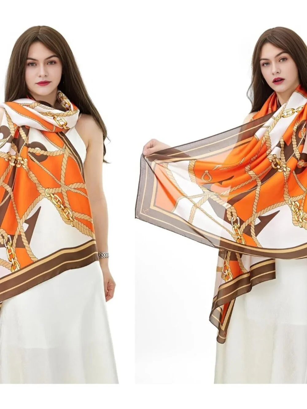 Women's Orange Chain Long Skinny Silky Lightweight Sunscreen Shawls Wraps